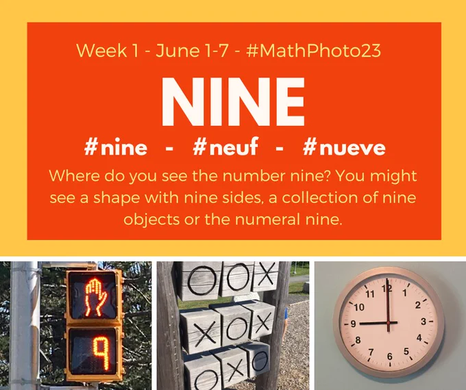 Math Photo 23 week 1 starts with nine. Three images showing nine: the number 9 on a crosswalk signal, a tic-tac-toe game at a park and 9 o'clock on an analog clock.