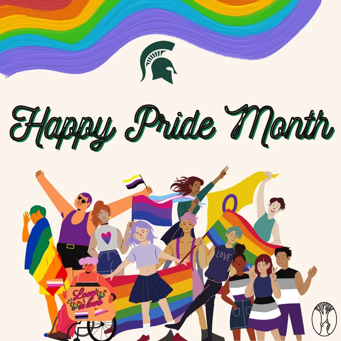Partial Rainbow flag at top of graphic with a Spartan head logo below and the words, Happy Pride Month. Below the copy are various, diverse characters holding pride flags. The RCPD logo is in the lower right corner of the graphic.