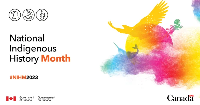 On the right, the sun is at the centre surrounded by a multicoloured smoke. Three symbols are featured. The eagle in yellow, represents First Nations. The narwhal in blue, represents Inuit. The violin, in green, represent Métis. On the left, the text: National Indigenous History Month. #NIHM2023