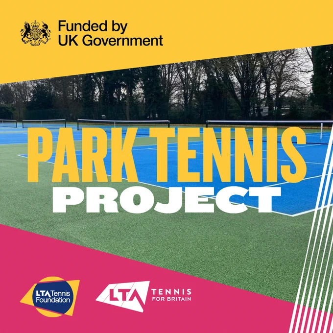 A LTA Park Project renovated court overlaid with "Park Tennis Project" as well as the Funded by UK Government stamp, LTA and LTA Tennis Foundation logos. 