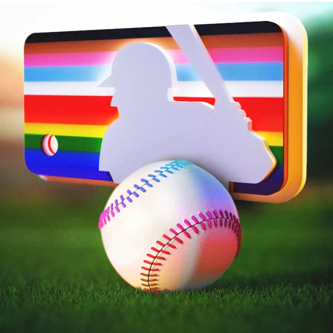 In the background is a rainbow MLB Pride logo and in the foreground is a baseball with rainbow stitching.