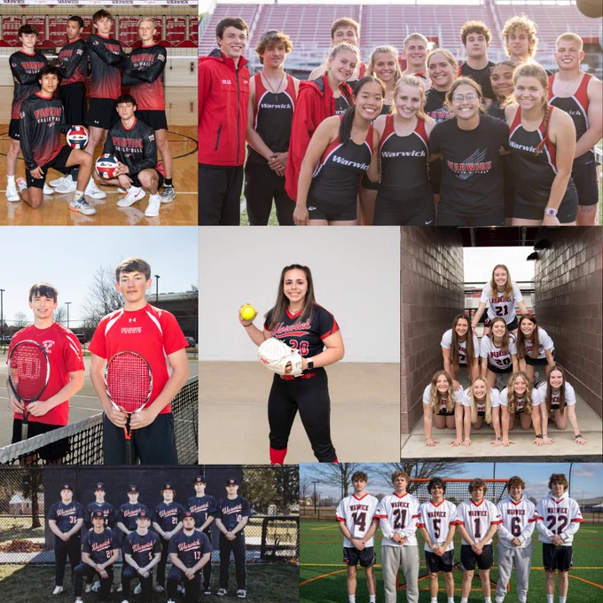 collage of senior athletes who played a spring sport (boys volleyball, track and field, boys tennis, softball, girls LAX, baseball, and boys LAX)