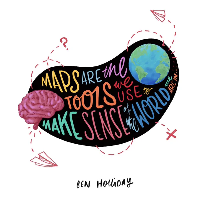 Maps are the tools we use to make sense of the world illustrated with a brain and a globe