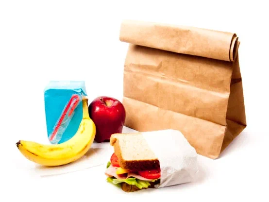 banana, apple, juice, sandwich, paper bag