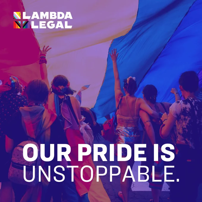 Background image of people walking away together with a pride flag over them and text “Our pride is unstoppable.”