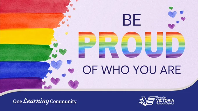 Rainbow image with coloured hearts. Text reads Be Proud of Who You Are. 