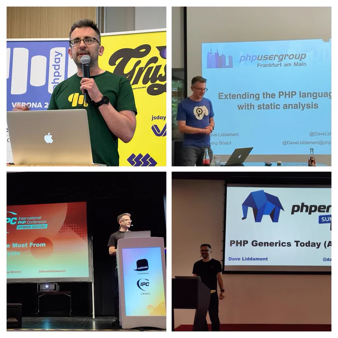 4 pictures of me speaking at various conferences 