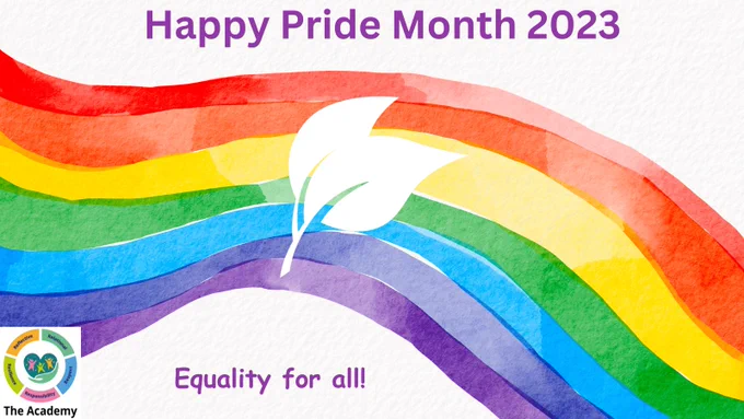 The image shows the rainbow colours across the middle like a flag, with the white version of the Devon County Council leaf logo in the middle. The wording Happy Pride Month 2023 is written across the top. On the bottom is written Equality for all! Also, the Devon Children's Social Care Academy logo.