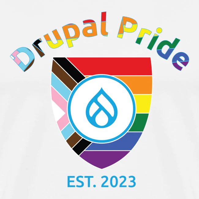 Drupal Pride logo with the pride progress flag.