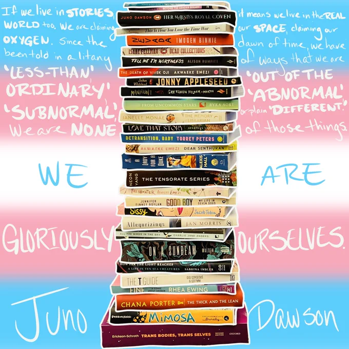 A stack of by and about Trans folks, over a trans flag, with a Juno Dawson quote written on either side of the book stack. Full quote in next image.