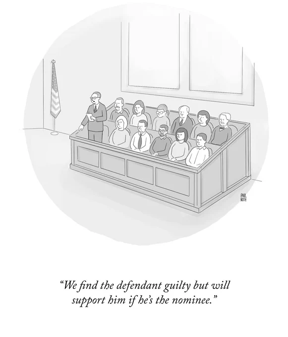 A member of the jury stands, reading remarks from a paper: “We find the defendant guilty but will support him if he’s the nominee.”