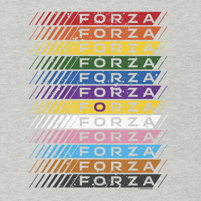 The official Forza Pride month art, featuring "Forza" in the various colors of the Pride flag on a heather grey background