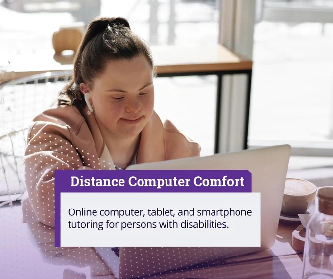 A woman using a computer. Text: Online computer, tablet, and smartphone tutoring for persons with disabilities