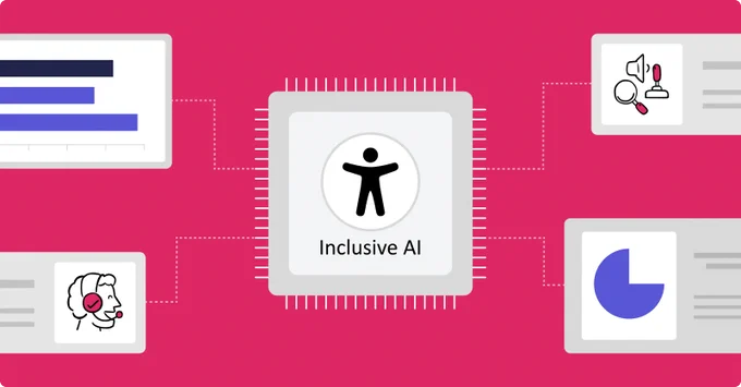 Illustration of a grey AI chip with the accessibility icon in the center of it. The chip is surrounded by abstract data visualizations and information of assistive tech users. 