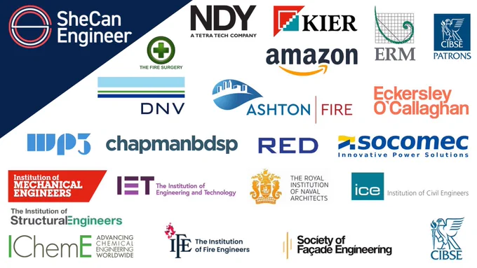 White landscape poster with navy top left corner and SheCanEngineer logo. Images of all sponsoring company and supporting institution logos