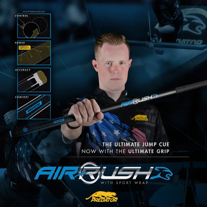Tyler Styer holding the Air Rush Jump Cue with Sport Wrap