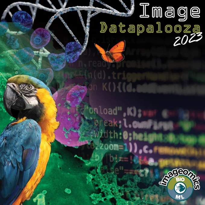 Blue and yellow bird, and orange butterfly, and DNA strand on top of a blue and green background.  Image Datapalooza 2023 appears in the top right and imageomics appear at the bottom right, on top of a green and blue circle.
