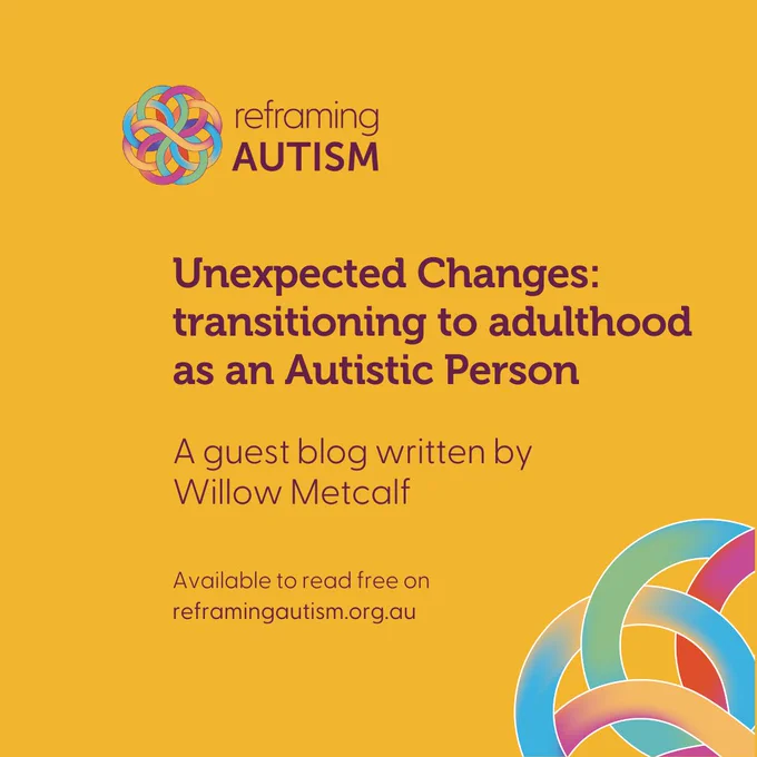 Against a sunny yellow background, aubergine text reads Unexpected Changes: transitioning to adulthood as an Autistic person. A guest blog written by Willow Metcalf. Available to read free on reframingautism.org.au. The Reframing Autism logo is in the top lefthand corner and a large quadrant of the Reframing Autism knotwork is visible in the bottom righthand corner.