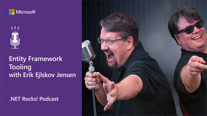 Image showing the .NET Rocks Podcast title slide on the left and the show hosts playfully holding microphones on the right.