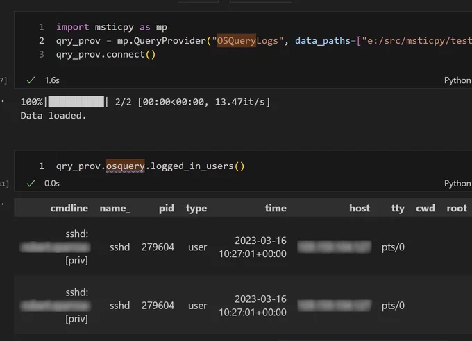 Creating a msticpy data provider for OS query logs, then querying the provider for logged_in_users data set from the logs.