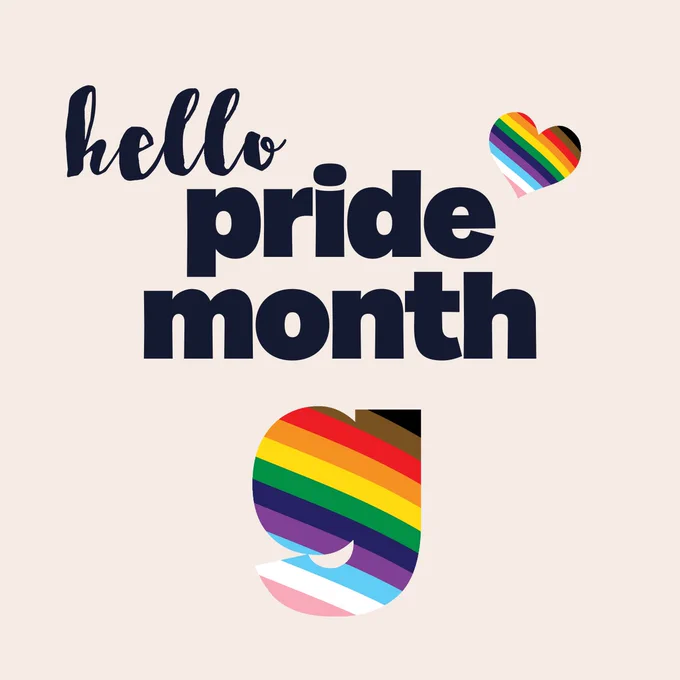 Image text: 'hello pride month'. The image shows a Rambert Grades 'g' emblem and a heart, both are striped with the colours that represent the pride flag: black, brown, red, orange, yellow, green, indigo, violet, blue, white and pink.