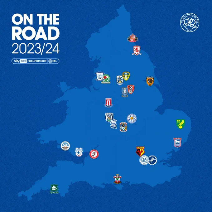 A map of England and Wales showing where each of the 23 teams in the 2023/24 Championship are located.