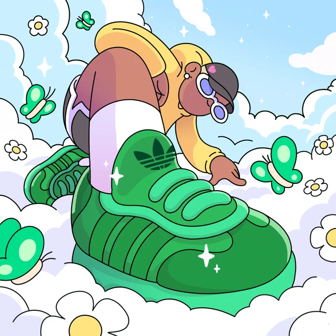 Pharrell's Doodle kneeling to show off his green Adidas Sambas, dressed in a yellow hoodie and black shorts with white trim, surrounded by clouds, butterflies and flowers.