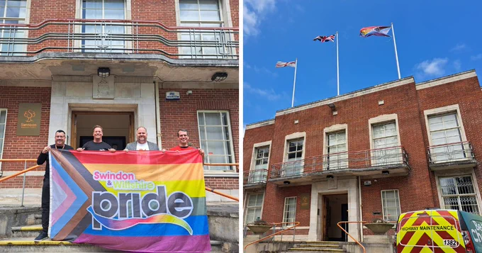 Council Leader Jim Robbins, Councillor Kevin Small and members of Swindon and Wiltshire Pride with the Pride flag and the Pride flag being flown above the Civic Office