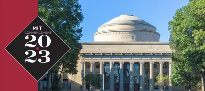 Photo of the building 10 on Killian Court with green trees on either side. Text reads: MIT Commencement 2023