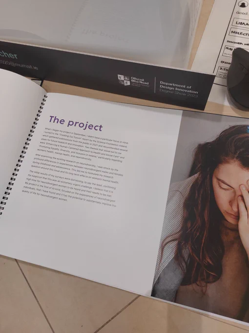 Image of a brochure with a page showing an image of a women looking distressed and text outlining the Leva project.