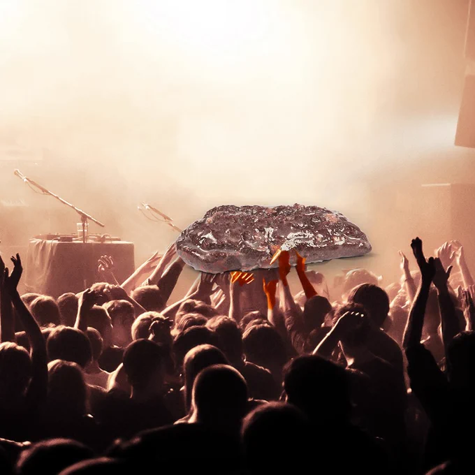 Facing a smoky stage at a rock concert, from behind a crowd of fans in silhouette stand in front of the stage. They are holding up a giant Walnut Crunch as if it were a lead singer crowd-surfing at a show.