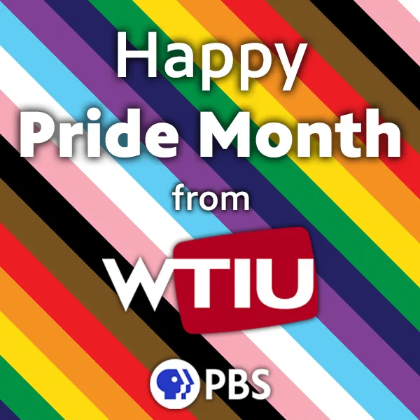 A graphic saying "Happy Pride Month from WTIU PBS" superimposed on top of a pattern of colors from the LGBTQ  and trans pride flags.