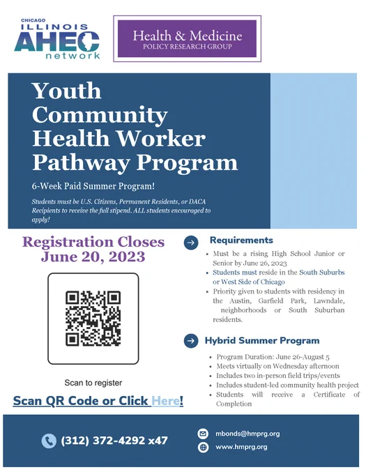 Image of Youth Community Health Worker Pathway Internship Flyer with QR Registration Code. 