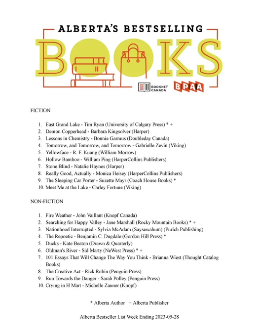 Alberta Bestseller List for the week ending May 28, 2023. A PDF of the list can be found on our website through the following URL: https://bookpublishers.ab.ca/wp-content/uploads/2023/06/Alberta-Bestseller-List-Week-Ended-2023-05-28.pdf