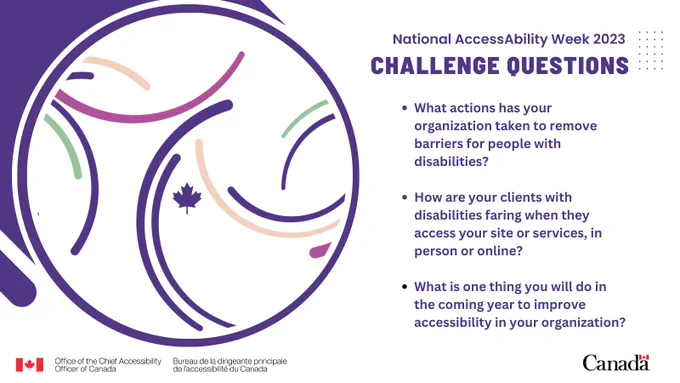 Webcard featuring a large purple circle on a white background, with imagery of multi-coloured open circles and arcs, regularly used by the OCAO. Text to the right of the image reads: “National AccessAbility Week 2023 Challenge Questions: What actions has your organization taken to remove barriers for people with disabilities? How are your clients with disabilities faring when they access your site or services, in person or online? What is one thing you will do in the coming year to improve accessibility in your organisation?” The OCOA and Canada wordmarks appear at the bottom of the webcard.