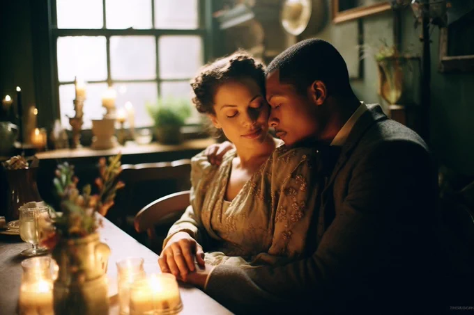 Timeless romantic portrait. Whispered secret shot, dreamy blur, candlelit romance, Lomography Color 400 film, couple of mixed ethnicity whispering sweet nothings, vintage-inspired ensembles, cozy café. Embracing eternal togetherness. --ar 3:2 --v 5.1 --style raw