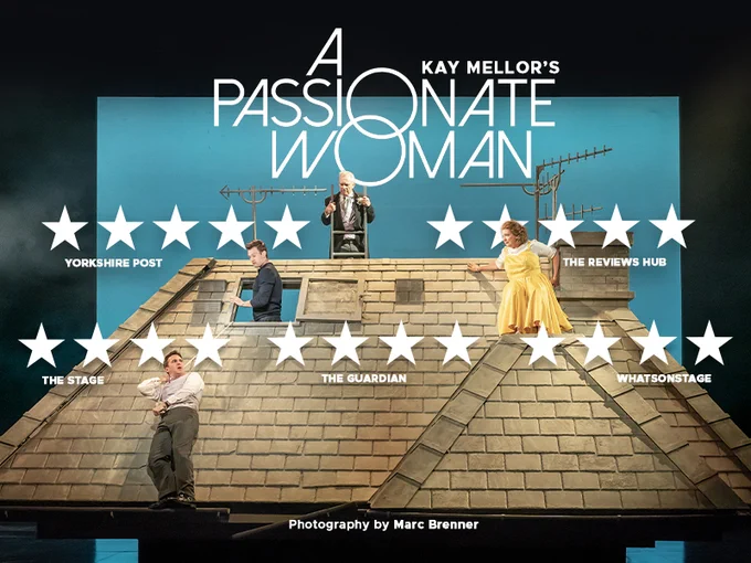 Four people on a roof. A woman seated by the chimney in a yellow dress, a man in a wedding suit holding onto a rope, a man in a black shirt poking through a skylight window and another man in a wedding suit on a ladder. The text 'A Passionate Woman' and reviews overlay the image.