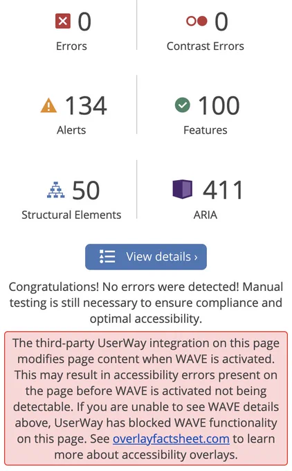 Screenshot of the WAVE results on the same page showing 0 errors due to UserWay changing page content when WAVE is activated.