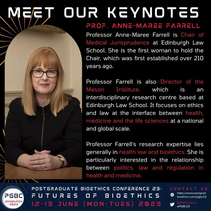 Bio text: Professor Anne-Maree Farrell is Chair of Medical Jurisprudence at Edinburgh Law School. She is the first woman to hold the Chair, which was first established over 210 years ago. Professor Farrell is also Director of the Mason Institute, which is an interdisciplinary research centre based at Edinburgh Law School. It focuses on ethics and law at the interface between health, medicine and the life sciences at a national and global scale. Professor Farrell's research expertise lies generally in health law and bioethics. She is particularly interested in the relationship between politics, law and regulation in health and medicine. 
