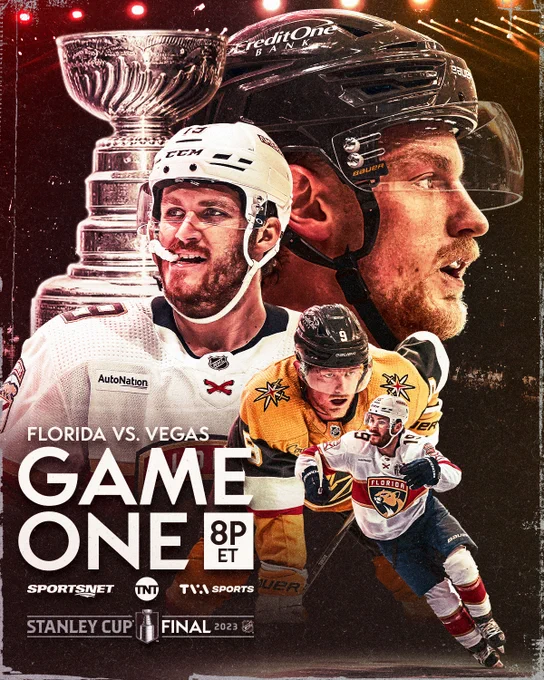 Two cutouts each of Matthew Tkachuk and Jack Eichel with the Stanley Cup to the left. White text in the bottom left reading, "Florida vs. Vegas, Game One, 8p ET".

Further below are the Sportsnet, TNT, and TVA Sports logos and the Stanley Cup Final logo.