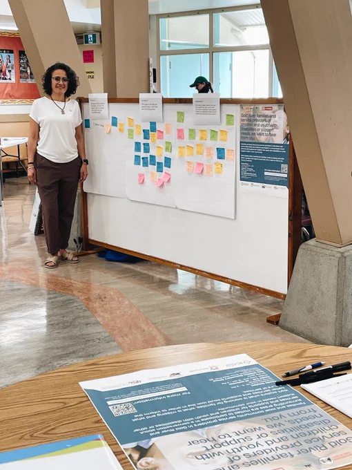 A woman with long curly black hair stands beside a large bulletin board covered with colourful sticky notes. There are sheets above the sticky notes with prompts for writing on the sticky notes. A large poster sits on the board with the text: "Gold River families and service providers or children and youth with disabilities or support needs, we need to hear from you". The same poster sits on a nearby table