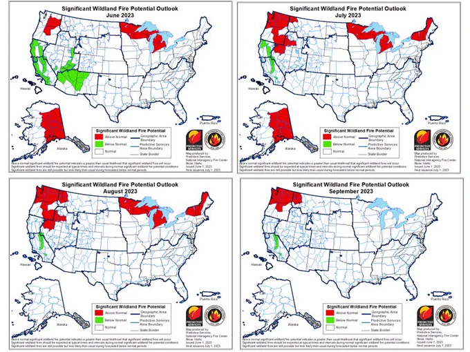 Four images showing a map of the U.S. with color markings indicating where wildland fire potential is over the next four months. 