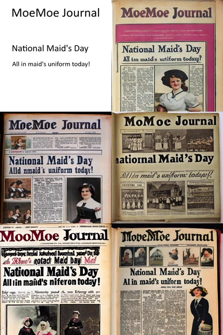 prompt: Newspaper "MoeMoe Journal" with the headline "National Maid's Day" and "All in maid's uniform today!", with colour photos of pretty maid girls, Only pictures of pretty maid girls and maid woman, maid ladies, lovely