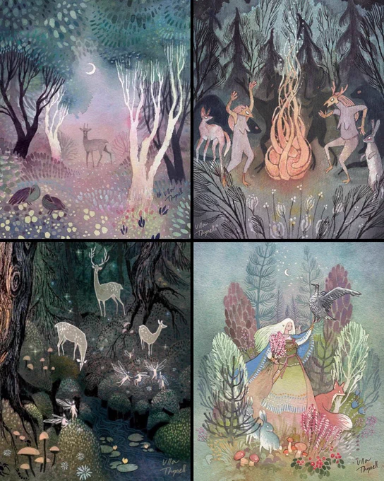 Four illustrations:
1. A deer in a summer wood at night. Crescent moon in the background.
2. People in masks dancing around a bonfire in the forest at night. 
3. A woman in a gown with long blonde hair standing among woodland animals in a forest at night. She is holding a bouquet of flowers.
4. Enchanted forest at night with fairies, deer and fireflies. A pond with water lilies.