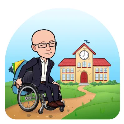 Bitmoji of Michael Moore in a wheelchair in front of a school.