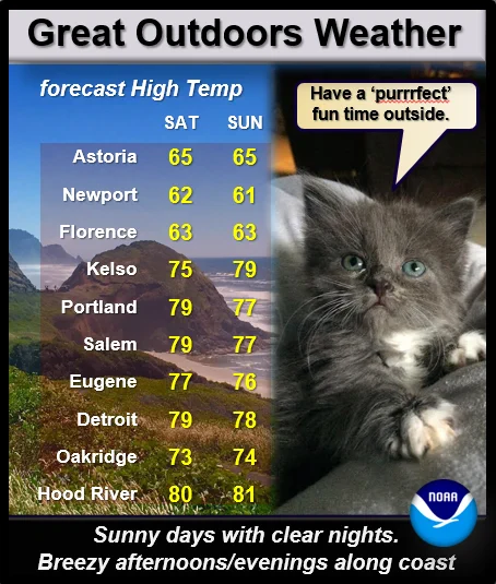 Image shows table with high temperatures this weekend, with 60s on the coast and 70s inland. Kitten also in graphic, saying "Have a purrfect fun time outside."