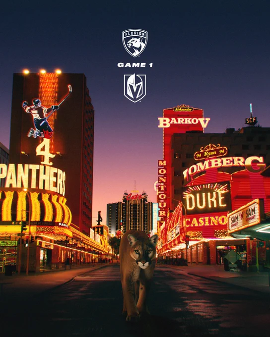 Graphic depicting a scene of a Florida Panther walking down an empty Las Vegas strip. Well known icons on the strip have been changed to various players names.

At the top of the graphic there's a white Florida Panthers logo. Beneath it, it reads "Game 1" with the Vegas Golden Knights logo also in white under it. 