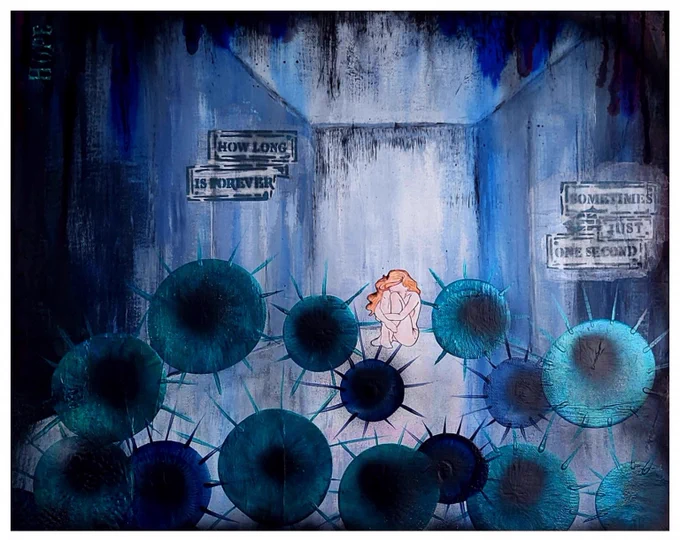 Mixed media art by Willow Wilson shows a woman sat on the floor of a blue room, she is naked and has her face hiding behind her knees as her body is curled up. Around the room are spheres that have spikes on them. The is a sign in the room which reads ‘how long is forever’.