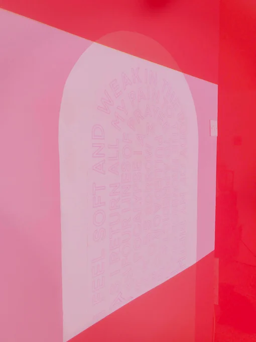 Digital art by Angelica Jones, featuring abstract shapes in light and dark pink and red. It has words written in an arch that begin with ‘I feel soft and weak in the body of my birth’