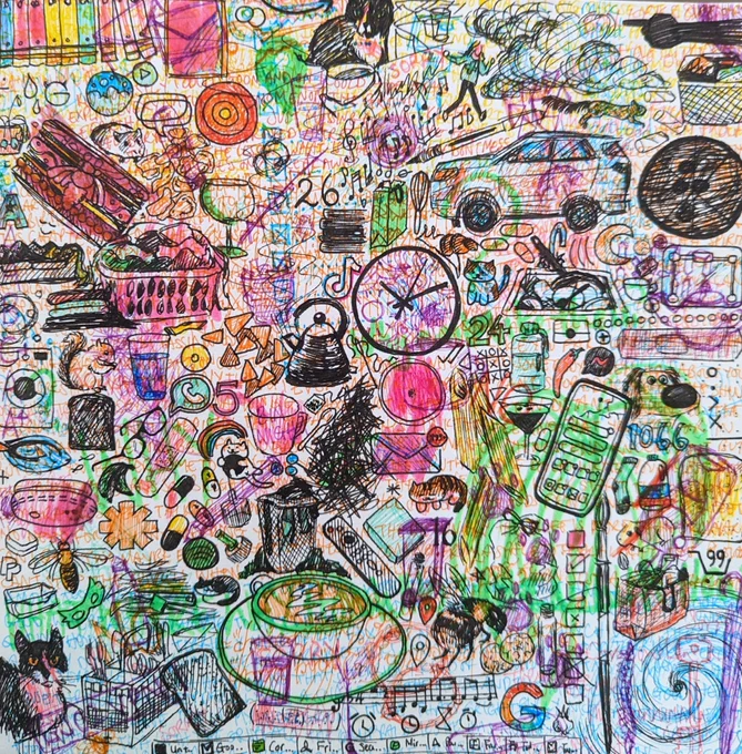 Illustration by Kellie Hogben showing artwork in a doodle style with colourful pens, lots of individual drawings crowd the page and every inch is filled with a smaller doodle illustration